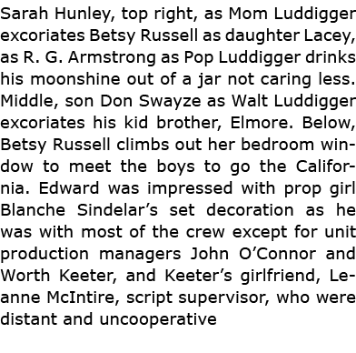 Sarah Hunley, top right, as Mom ﻿Luddigger excoriates Betsy Russell as daughter Lacey, as R. G. Armstrong as Pop ﻿Lud...