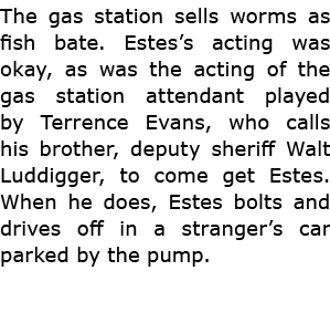 The gas station sells worms as fish bate. Estes’s acting was okay, as was the acting of the gas station attendant pla...
