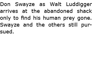 Don Swayze as Walt ﻿Luddigger arrives at the abandoned shack only to find his human prey gone. Swayze and the others ...