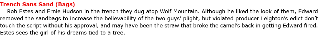 Trench Sans Sand (Bags) Rob Estes and Ernie Hudson in the trench they dug atop Wolf Mountain. Although he liked the l...