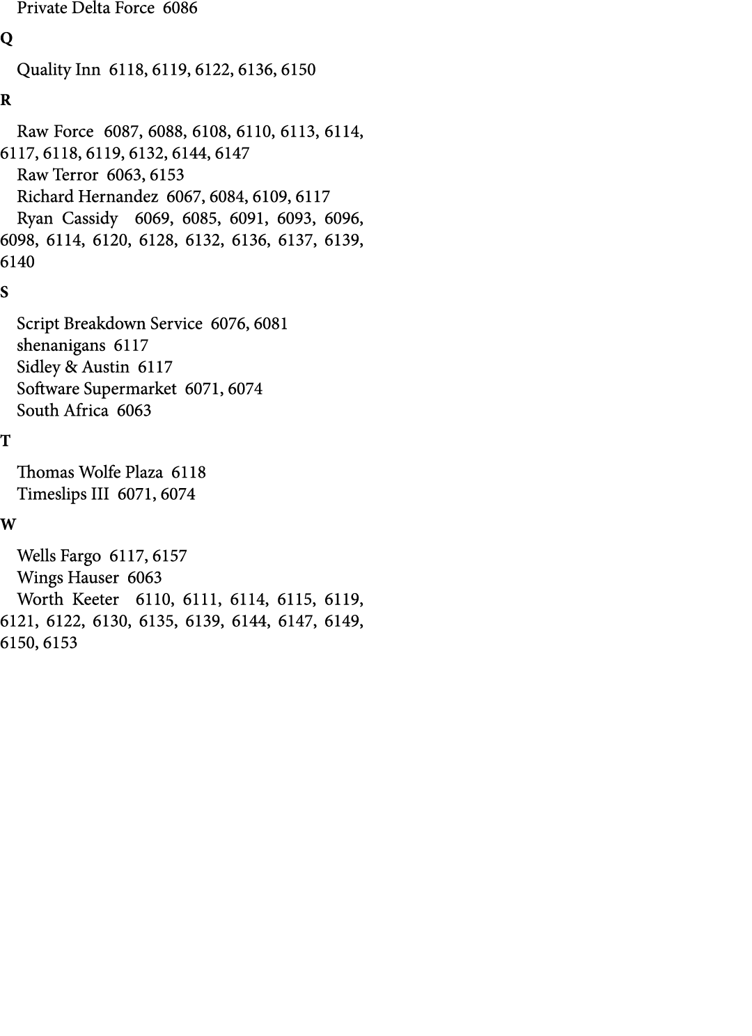 Private Delta Force 6086 Q Quality Inn 6118, 6119, 6122, 6136, 6150 R Raw Force 6087, 6088, 6108, 6110, 6113, 6114, 6...