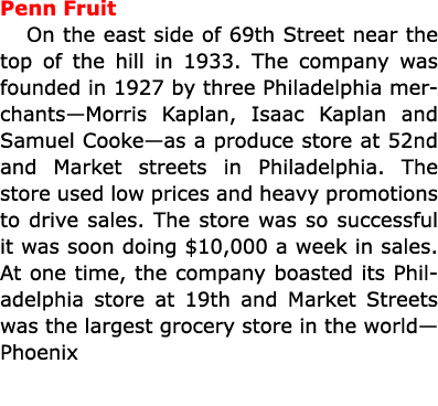 Penn Fruit On the east side of 69th Street near the top of the hill in 1933. The company was founded in 1927 by thre...