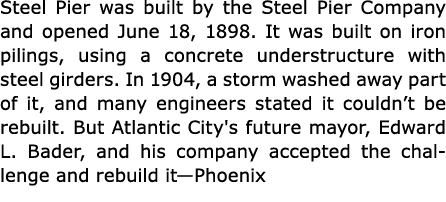 Steel Pier was built by the ﻿Steel Pier Company and opened June 18, 1898. It was built on iron pilings, using a conc...