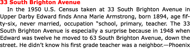 33 South Brighton Avenue In the ﻿1950 U.S. Census taken at 33 South Brighton Avenue in Upper Darby Edward finds Anna ...