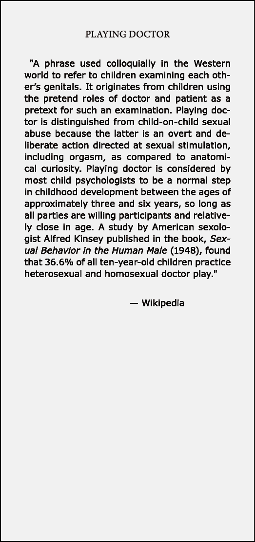 Playing Doctor \“A phrase used colloquially in the Western world to refer to children examining each other’s genitals...