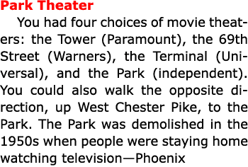 Park Theater You had four choices of movie theaters: the Tower (﻿Paramount), the 69th Street (Warners), the Terminal ...