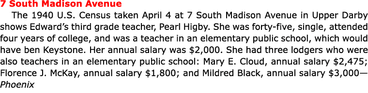 7 South Madison Avenue The ﻿﻿﻿1940 U.S. Census taken April 4 at 7 South Madison Avenue in Upper Darby shows Edward’s ...