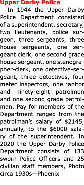 Upper Darby Police In 1944 the Upper Darby Police Department consisted of a superintendent, secretary, two lieutenant...