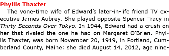 Phyllis Thaxter The vone-time wife of Edward’s later-in-life friend TV executive ﻿James Aubrey. She played opposite ...