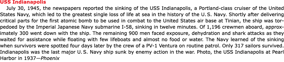 USS Indianapolis July 30, 1945, the newspapers reported the sinking of the ﻿USS Indianapolis, a Portland-class cruis...