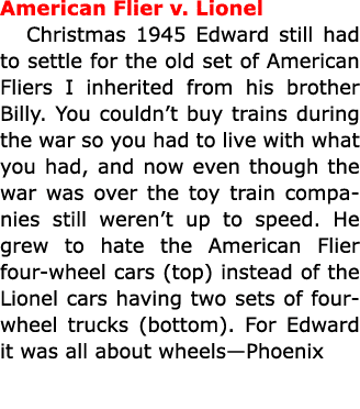 American Flier v. Lionel ﻿Christmas 1945 Edward still had to settle for the old set of American Fliers I inherited fr...