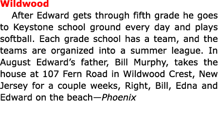 Wildwood After Edward gets through fifth grade he goes to Keystone school ground every day and plays softball. Each g...