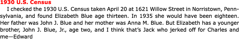 ﻿1930 U.S. Census I checked the ﻿﻿1930 U.S. Census taken April 20 at 1621 Willow Street in Norristown, Pennsylvania,...
