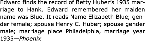 Edward finds the record of Betty Huber’s 1935 marriage to Hank. Edward remembered her maiden name was Blue. It reads ...