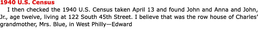 ﻿﻿﻿1940 U.S. Census I then checked the ﻿﻿﻿﻿1940 U.S. Census taken April 13 and found John and Anna and John, Jr., ag...