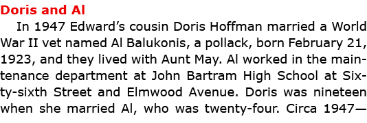 Doris and Al In 1947 Edward’s cousin Doris Hoffman married a ﻿World War II vet named ﻿Al Balukonis, a pollack, born F...