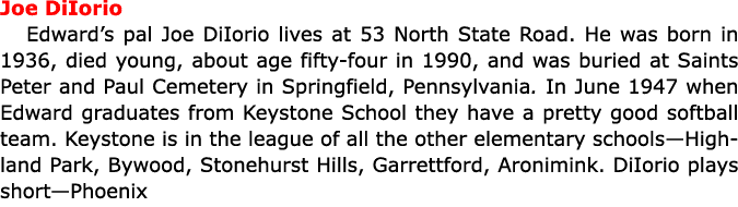 Joe DiIorio Edward’s pal Joe DiIorio lives at 53 North State Road. He was born in 1936, died young, about age fifty-f...