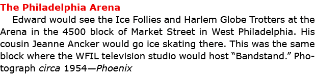 The Philadelphia ﻿Arena Edward would see the ﻿Ice Follies and ﻿Harlem Globe Trotters at the ﻿Arena in the 4500 block ...