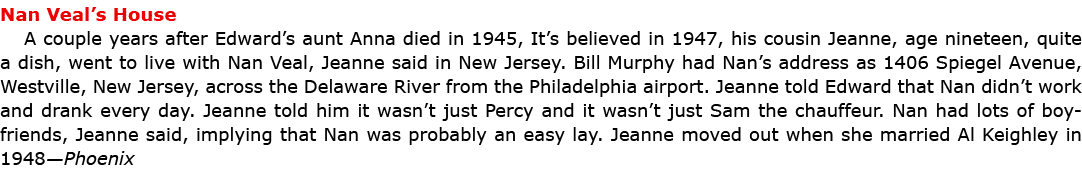 Nan Veal’s House A couple years after Edward’s aunt Anna died in 1945, It’s believed in 1947, his cousin Jeanne, age ...