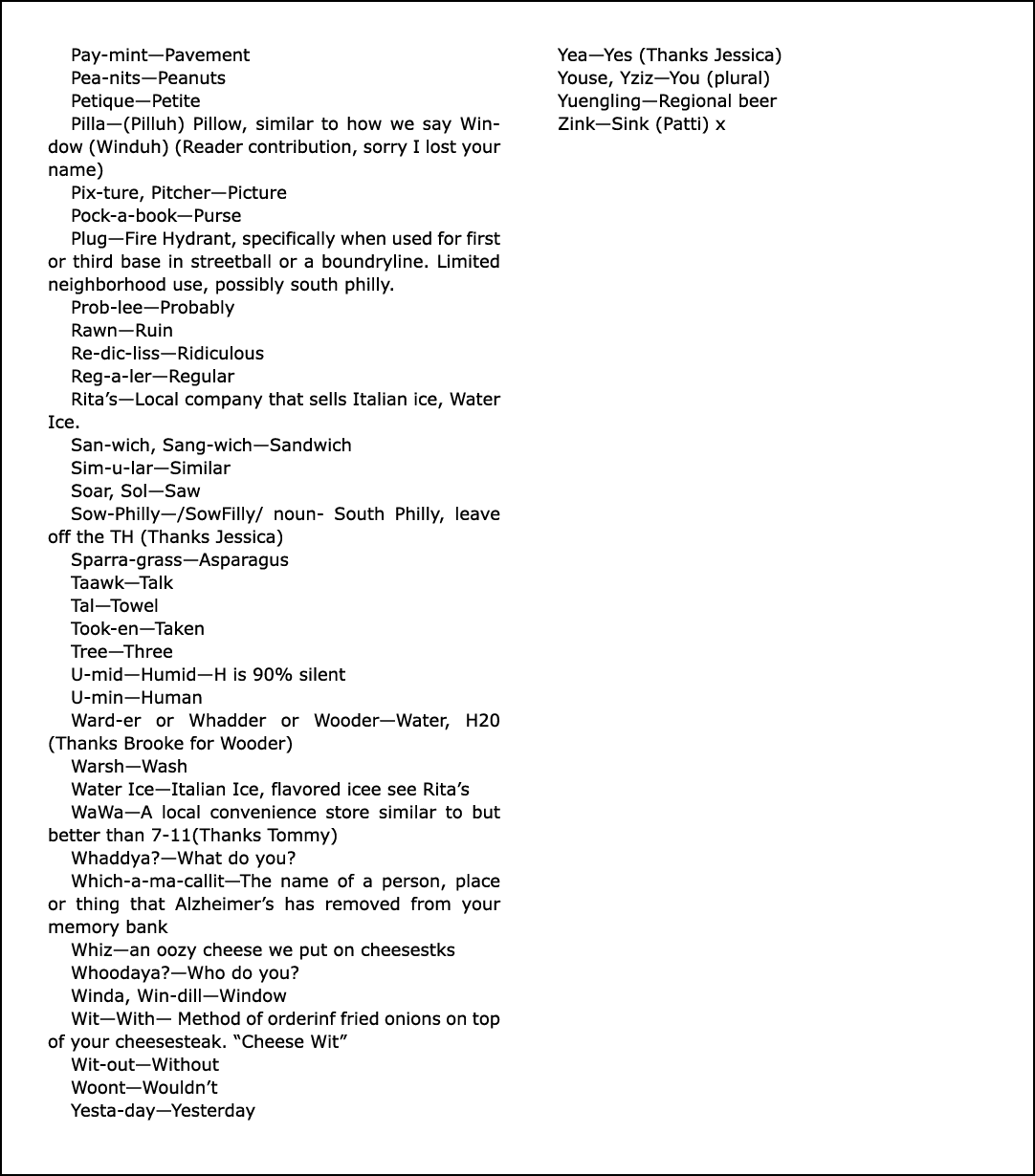 Pay-mint—Pavement Pea-nits—Peanuts Petique—Petite Pilla—(Pilluh) Pillow, similar to how we say Window (Winduh) (Reade...