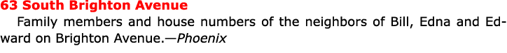 63 South Brighton Avenue Family members and house numbers of the neighbors of Bill, Edna and Edward on Brighton Avenu...