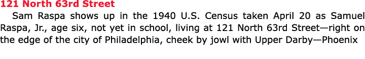 121 North 63rd Street ﻿Sam Raspa shows up in the ﻿﻿﻿1940 U.S. Census taken April 20 as ﻿Samuel Raspa, Jr., age six, n...