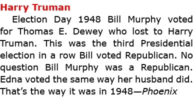 Harry Truman Election Day 1948 Bill Murphy voted for ﻿Thomas E. Dewey who lost to ﻿Harry Truman. This was the third ...