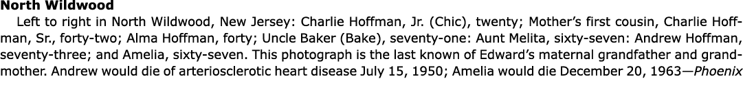 North ﻿﻿Wildwood Left to right in North ﻿﻿Wildwood, ﻿New Jersey: Charlie Hoffman, Jr. (Chic), twenty; Mother’s first ...