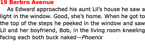 19 Berbro Avenue As Edward approached his aunt Lil’s house he saw a light in the window. Good, she’s home. When he g...