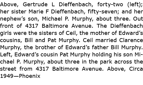 Above, Gertrude L Dieffenbach, forty-two (left); her sister Marie F Dieffenbach, fifty-seven; and her nephew’s son, ﻿...