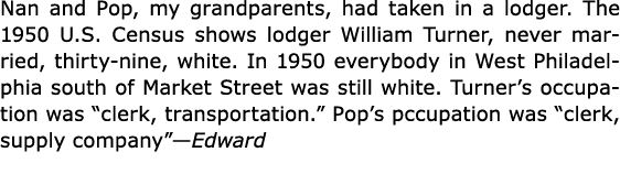 Nan and Pop, my grandparents, had taken in a lodger. The ﻿﻿1950 U.S. Census shows lodger ﻿William Turner, never marri...