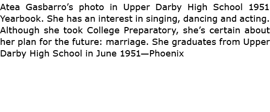 Atea Gasbarro’s photo in ﻿﻿Upper Darby High School 1951 Yearbook. She has an interest in singing, dancing and acting....