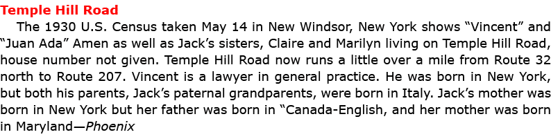 Temple Hill Road The ﻿﻿1930 U.S. Census taken May 14 in ﻿New Windsor, New York shows “Vincent” and “Juan Ada” Amen a...