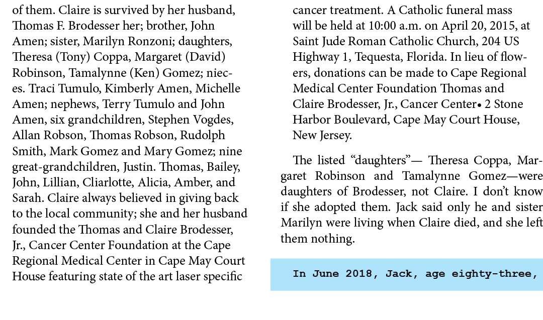 of them. Claire is survived by her husband, Thomas F. Brodesser her; brother, John Amen; sister, Marilyn Ronzoni; dau...