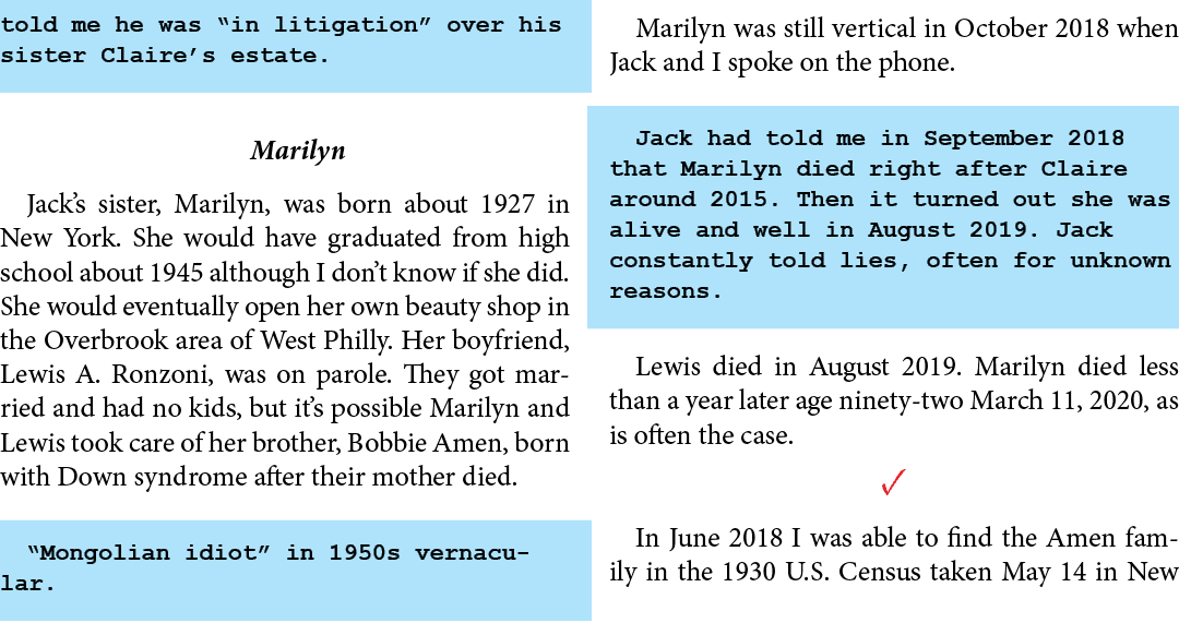 told me he was “in litigation” over his sister Claire’s estate. Marilyn Jack’s sister, Marilyn, was born about 1927 i...