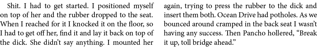 Shit. I had to get started. I positioned myself on top of her and the rubber dropped to the seat. When I reached for ...