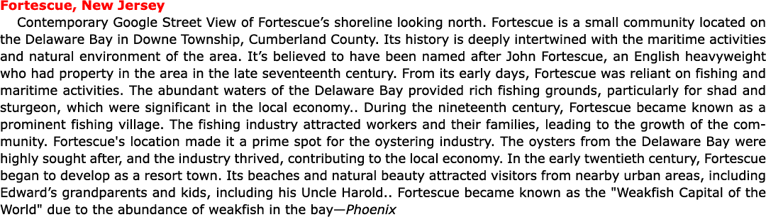 Fortescue, New Jersey Contemporary Google Street View of Fortescue’s shoreline looking north. Fortescue is a small co...