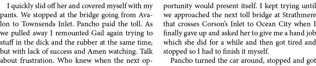 I quickly slid off her and covered myself with my pants. We stopped at the bridge going from ﻿Avalon to ﻿Townsends In...