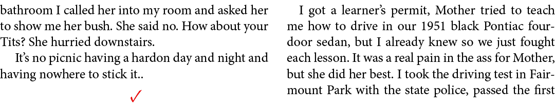 bathroom I called her into my room and asked her to show me her ﻿bush. She said no. How about your Tits? She hurried ...