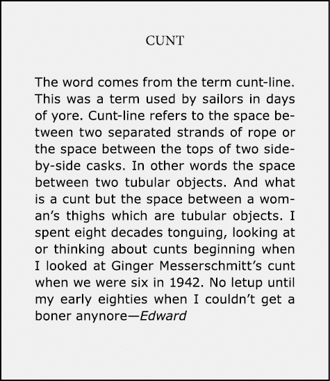 Cunt The word comes from the term cunt-line. This was a term used by sailors in days of yore. Cunt-line refers to the...