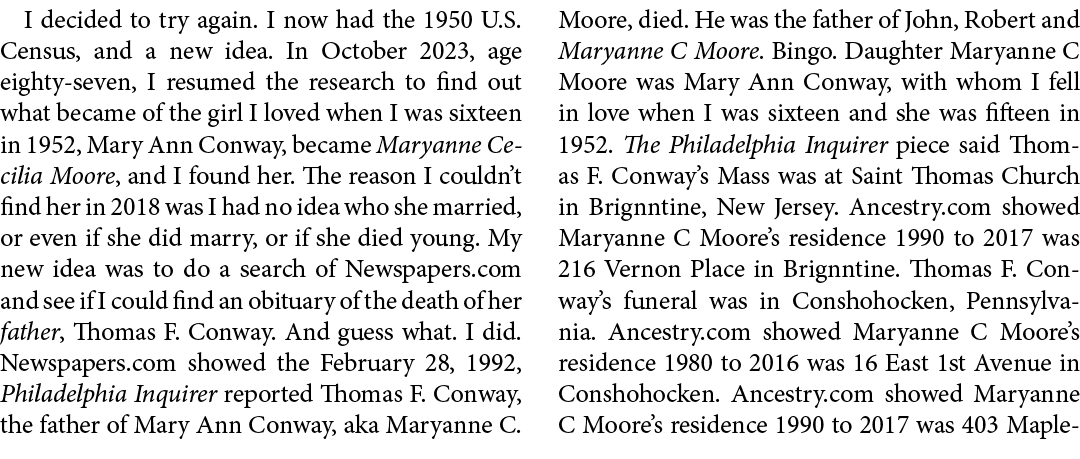 I decided to try again. I now had the ﻿﻿﻿1950 U.S. Census, and a new idea. In October 2023, age eighty-seven, I resum...