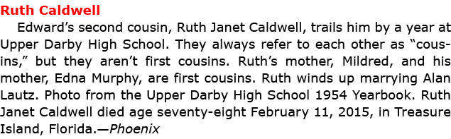 Ruth Caldwell Edward’s second cousin, ﻿Ruth Janet Caldwell, trails him by a year at ﻿Upper Darby High School. They a...