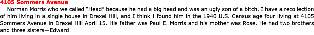 4105 Sommers Avenue Norman Morris who we called “Head” because he had a big head and was an ugly son of a bitch. I ha...