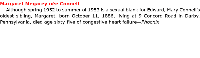 Margaret Megarey n e Connell Although spring 1952 to summer of 1953 is a sexual blank for Edward, Mary Connell’s olde...