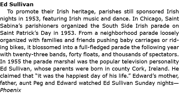 Ed Sullivan To promote their Irish heritage, parishes still sponsored Irish nights in 1953, featuring Irish music and...