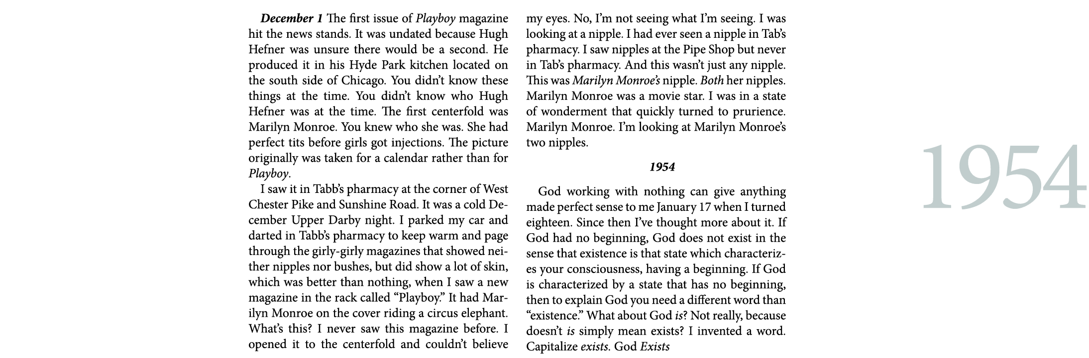 December 1 The first issue of ﻿Playboy magazine hit the news stands. It was undated because ﻿Hugh Hefner was unsure t...