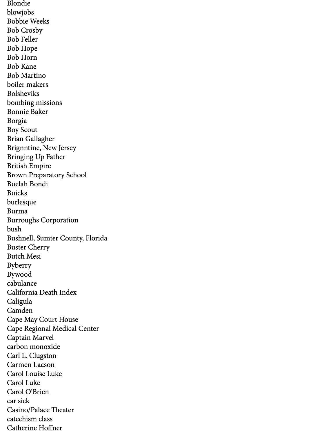 Blondie blowjobs Bobbie Weeks Bob Crosby Bob Feller Bob Hope Bob Horn Bob Kane Bob Martino boiler makers Bolsheviks b...