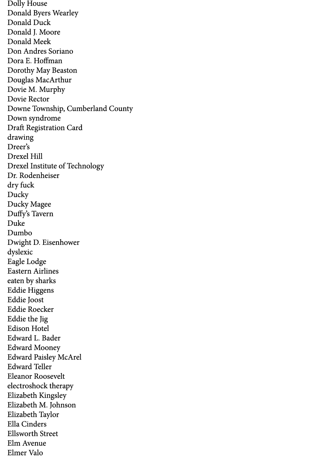 Dolly House Donald Byers Wearley Donald Duck Donald J. Moore Donald Meek Don Andres Soriano Dora E. Hoffman Dorothy M...
