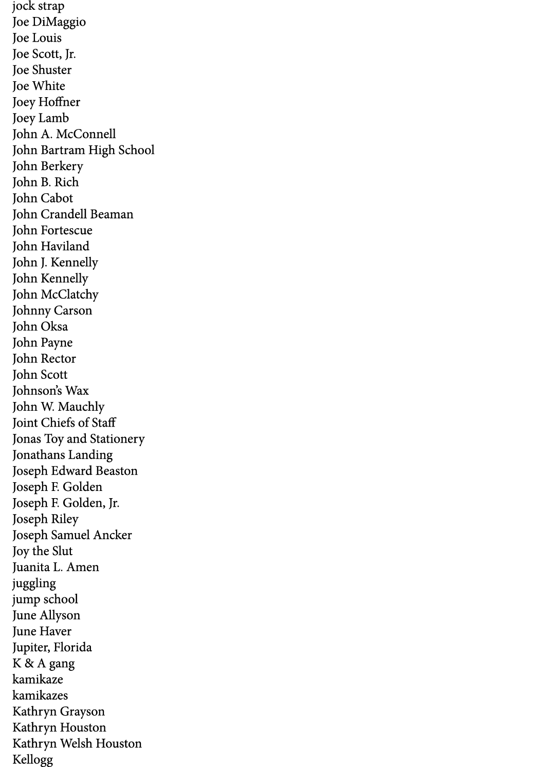 jock strap Joe DiMaggio Joe Louis Joe Scott, Jr. Joe Shuster Joe White Joey Hoffner Joey Lamb John A. McConnell John ...