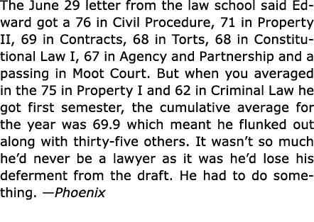 The June 29 letter from the law school said Edward got a 76 in ﻿Civil Procedure, 71 in ﻿Property II, 69 in ﻿Contracts...